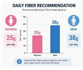 chart showing recommended daily fiber intake of 25 grams for women and 38 grams for men