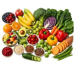 variety of fiber-rich fruits and vegetables including berries, broccoli, carrots, and leafy greens