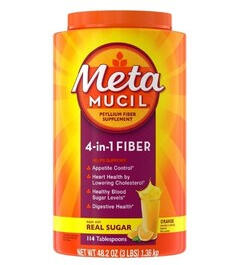 Metamucil 4-in-1 fiber powder container for digestion, cholesterol, and blood sugar support