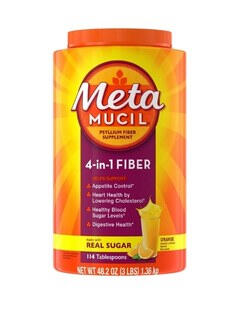 Metamucil 4-in-1 fiber powder container for digestion, cholesterol, and blood sugar support
